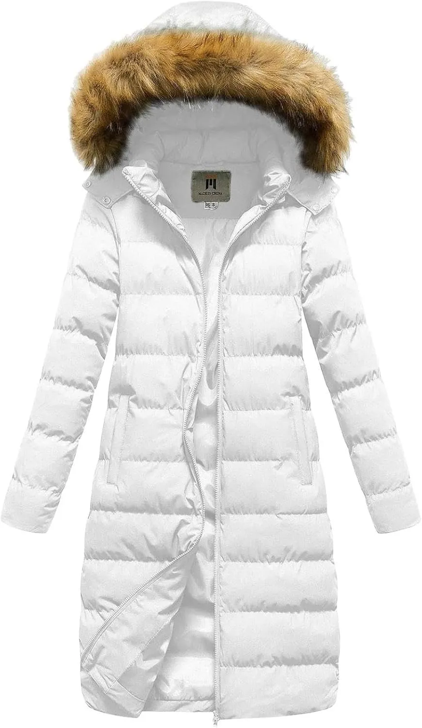 Womens Long Parka Coat With Removable Faux Fur Hood Plus Size Jacket Winter Padded Thicken Puffer Coat