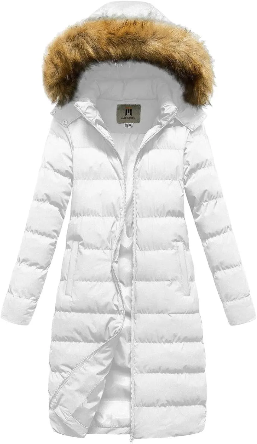 Womens Long Parka Coat With Removable Faux Fur Hood Plus Size Jacket Winter Padded Thicken Puffer Coat