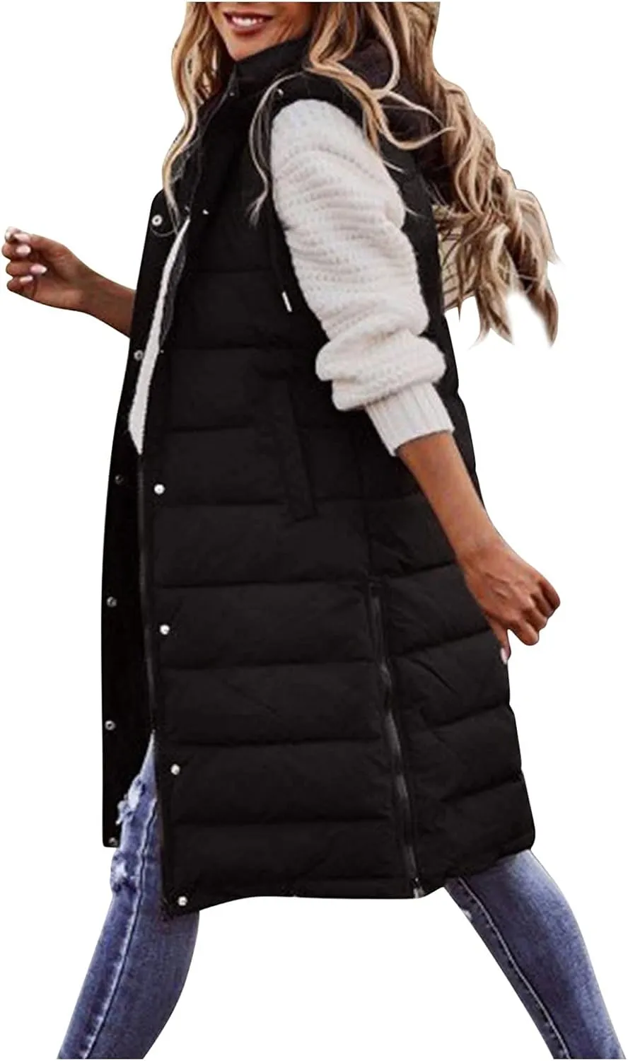 Women'S Long Vest Sleeveless Puffer Jacket Lightweight Hooded Down Outerwear Coat Quilted Vest With Hood Jacket