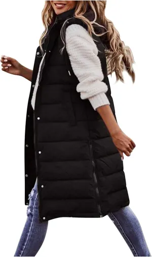 Women'S Long Vest Sleeveless Puffer Jacket Lightweight Hooded Down Outerwear Coat Quilted Vest With Hood Jacket