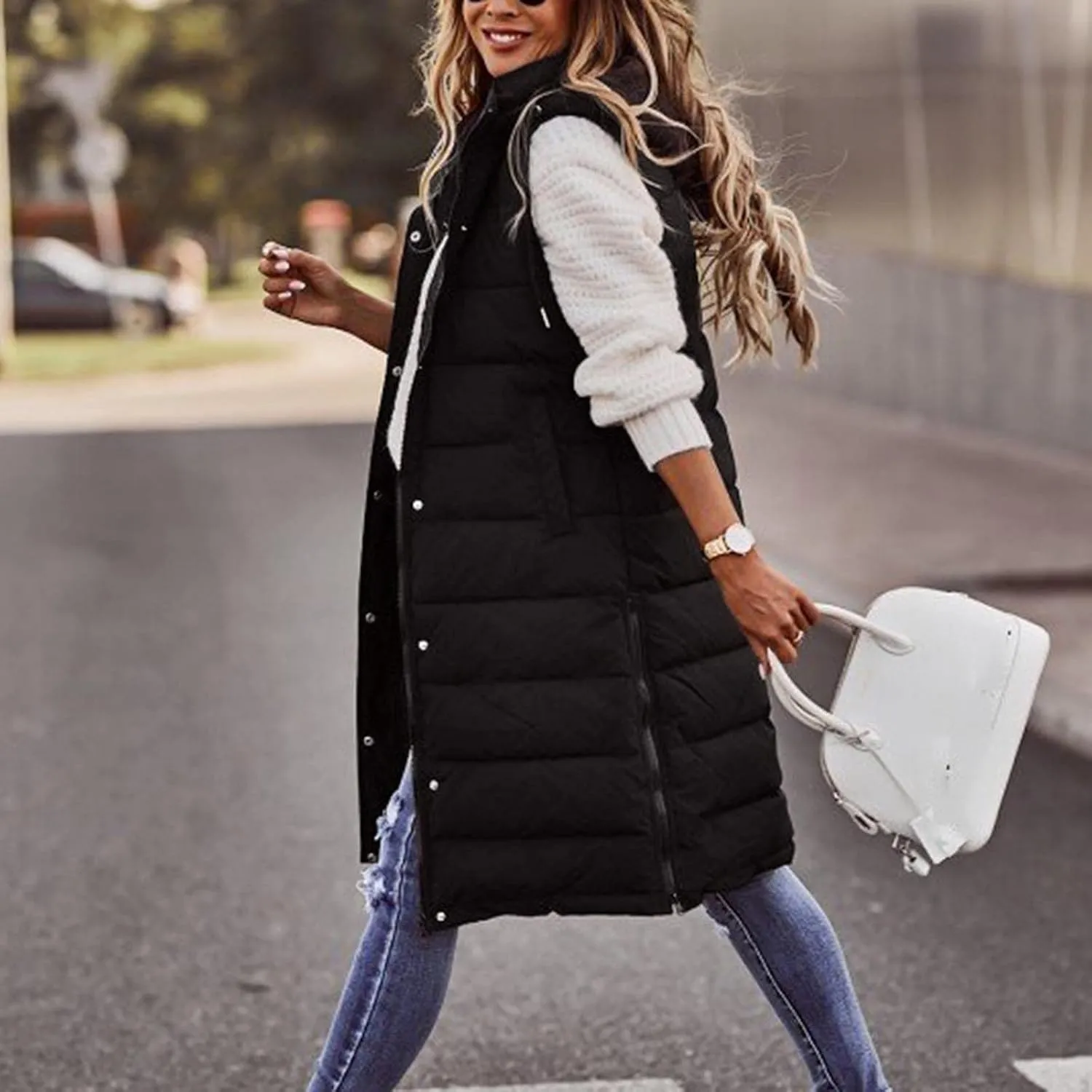 Women'S Long Vest Sleeveless Puffer Jacket Lightweight Hooded Down Outerwear Coat Quilted Vest With Hood Jacket