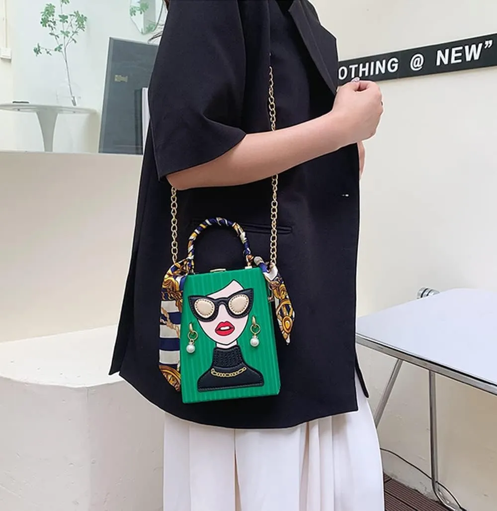 Women's Novelty Unique 3D Lady Face Leather with Crocodile Pattern Tote Handbags Funky Purse Hobo Crossbody Shoulder bags