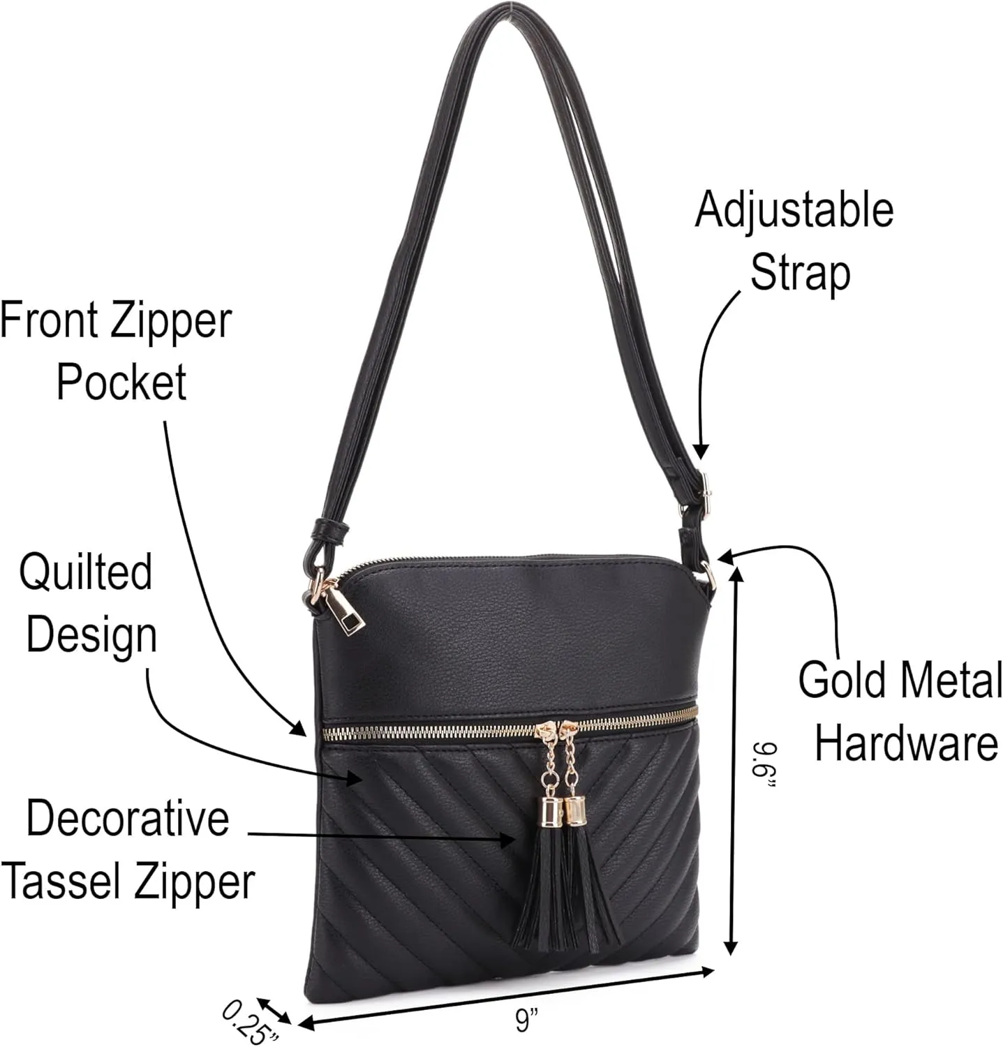 Women's Quilted Chevron Diamond Slim Multi Pocket Tassel Zipper Messenger Crossbody