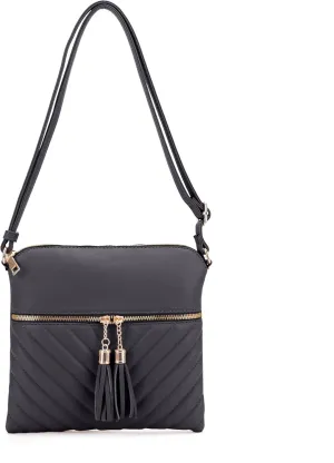 Women's Quilted Chevron Diamond Slim Multi Pocket Tassel Zipper Messenger Crossbody