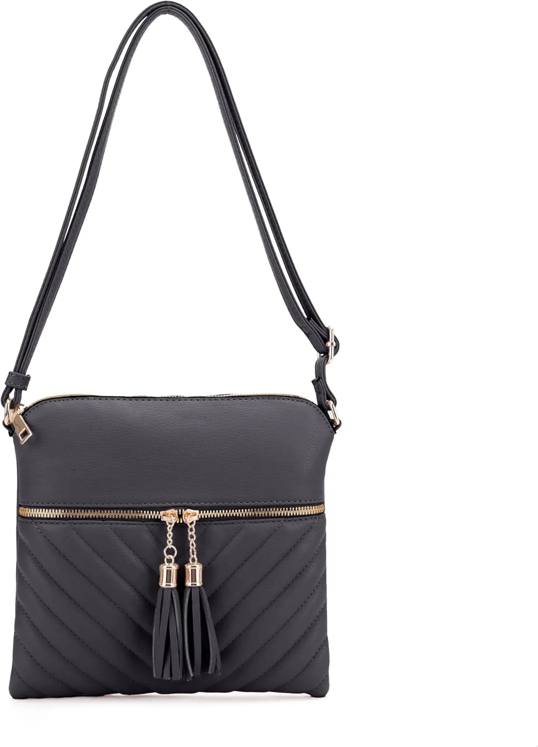 Women's Quilted Chevron Diamond Slim Multi Pocket Tassel Zipper Messenger Crossbody