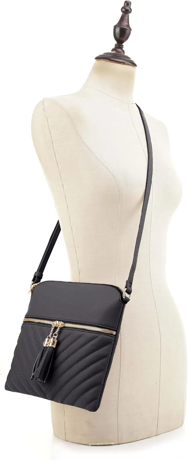 Women's Quilted Chevron Diamond Slim Multi Pocket Tassel Zipper Messenger Crossbody
