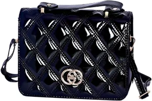 Women's Quilted Patent Leather Crossbody Bag – Glossy Shoulder Purse with Top Handle, Adjustable Strap – USA Fashion