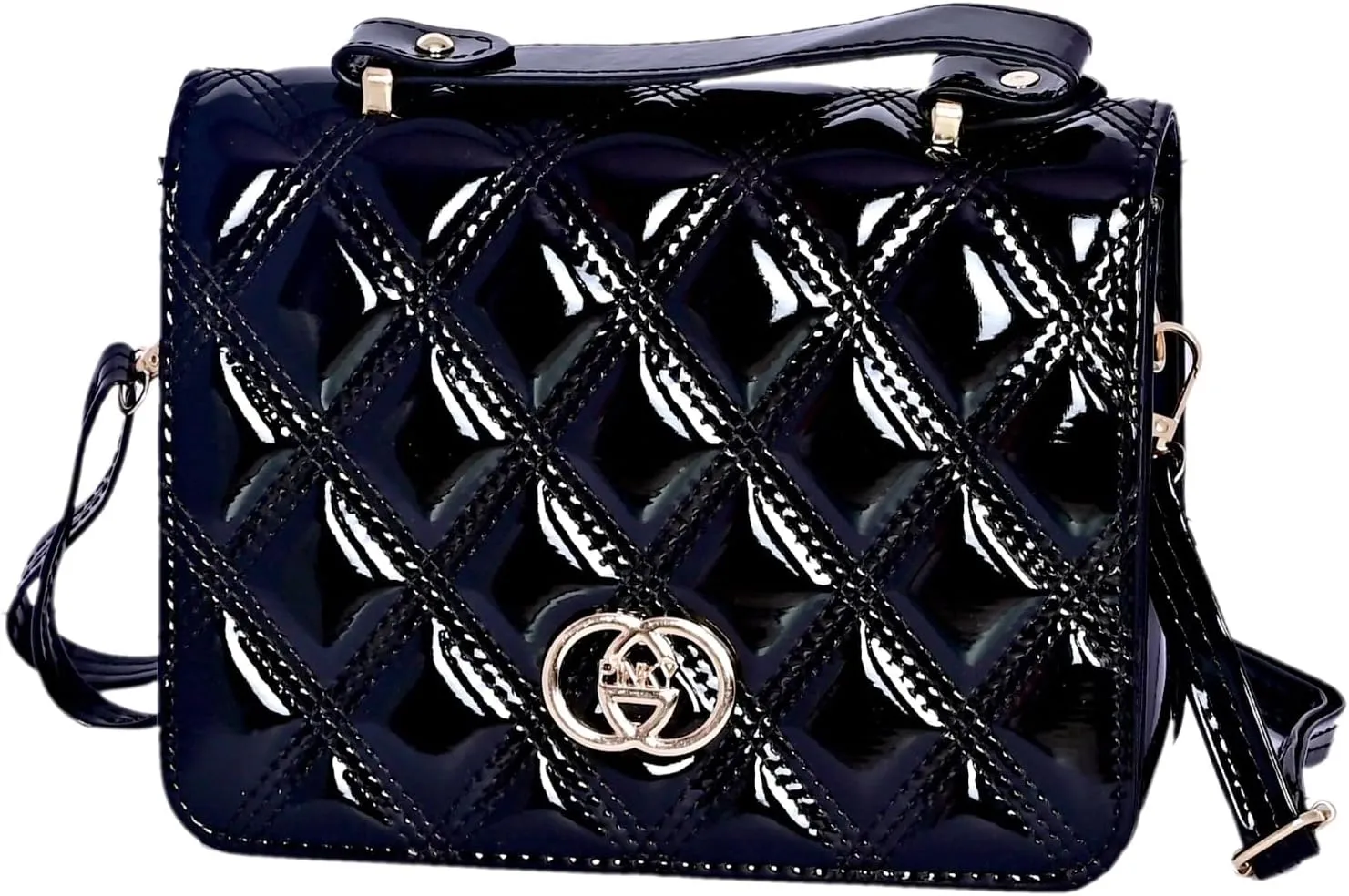 Women's Quilted Patent Leather Crossbody Bag – Glossy Shoulder Purse with Top Handle, Adjustable Strap – USA Fashion