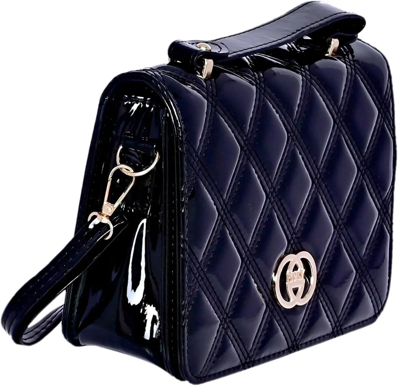 Women's Quilted Patent Leather Crossbody Bag – Glossy Shoulder Purse with Top Handle, Adjustable Strap – USA Fashion