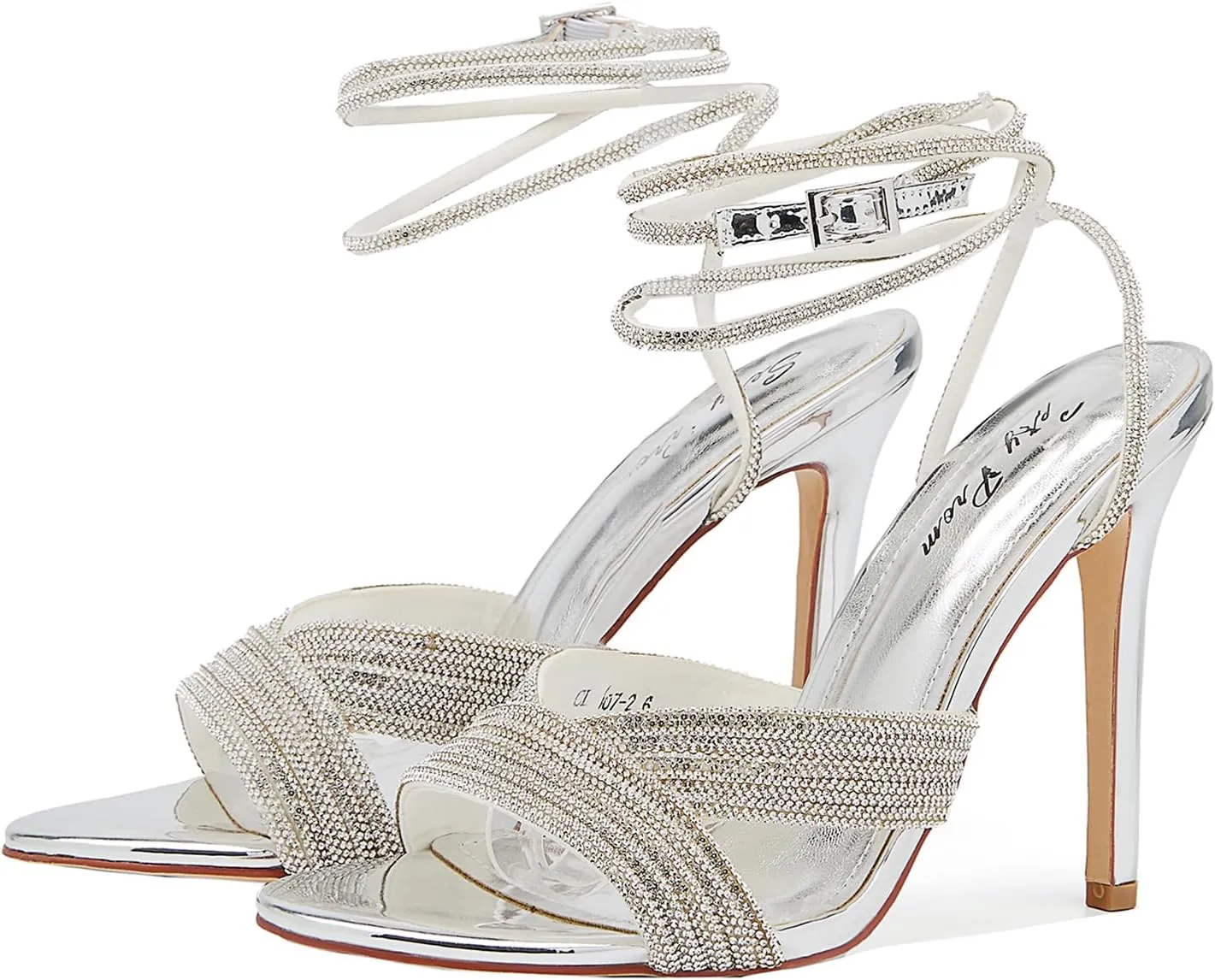 Womens Rhinestone Slingback Sandals Ankle Strap 4.3" Stiletto Heel Open Toe Wedding Party Nightclub Shoes