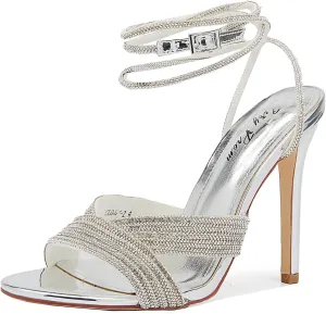Womens Rhinestone Slingback Sandals Ankle Strap 4.3" Stiletto Heel Open Toe Wedding Party Nightclub Shoes