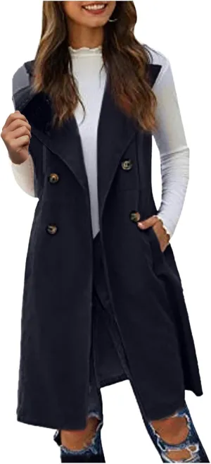 Women's Sleeveless Open Front Long Cardigan Vest Casual Solid Lapel Double Breasted Vest Blazer Jacket with Pockets Black