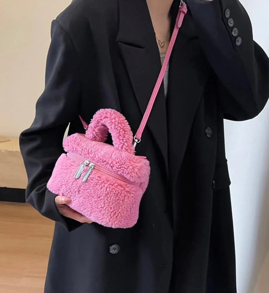 Women's Soft Faux Fur Crossbody Bag Fluffy Top Handle Shoulder Bag Fall Winter Handbag Small Plush Furry Bucket Purse
