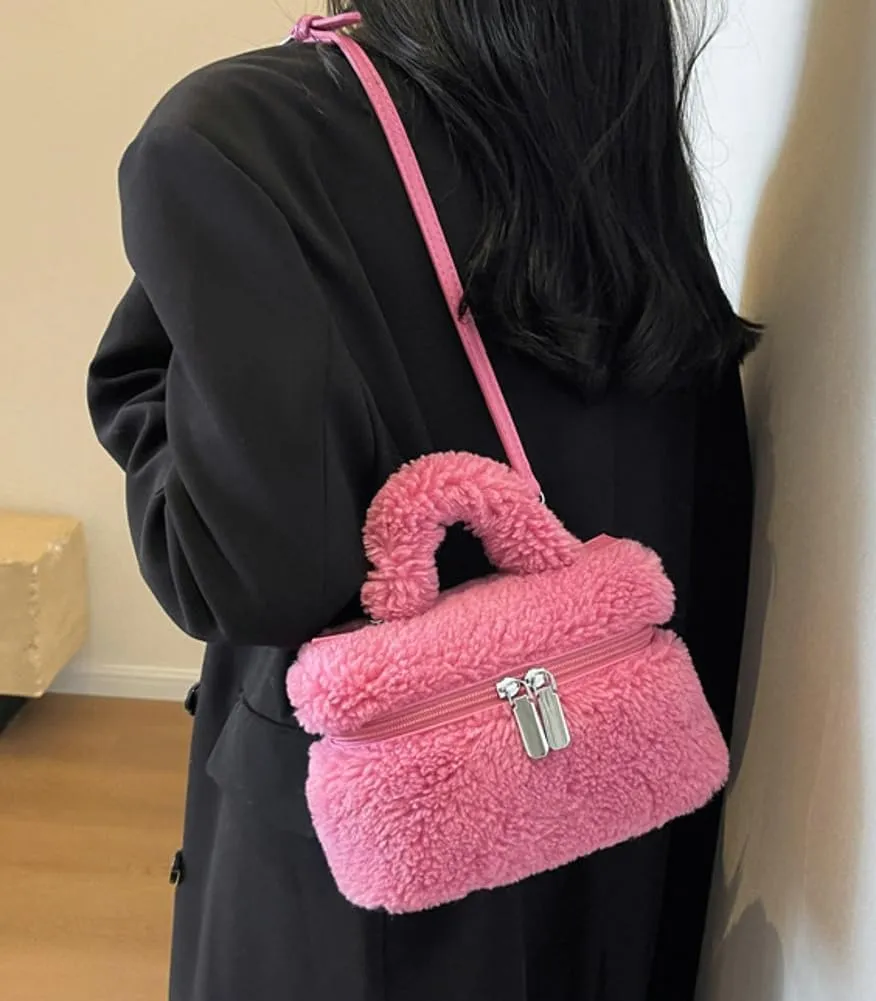 Women's Soft Faux Fur Crossbody Bag Fluffy Top Handle Shoulder Bag Fall Winter Handbag Small Plush Furry Bucket Purse