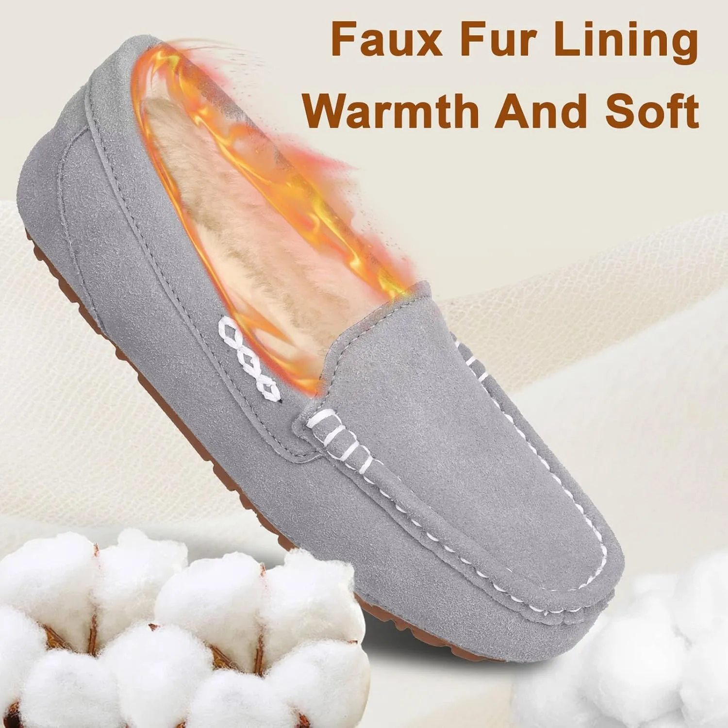 Womens Suede Leather Slippers Soft Faux Fur Lining Slippers for Women Indoor and Outdoor Non-Slip Comfortable and Warm