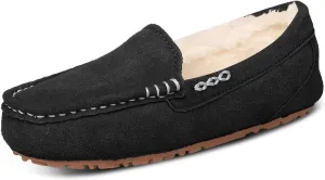 Womens Suede Leather Slippers Soft Faux Fur Lining Slippers for Women Indoor and Outdoor Non-Slip Comfortable and Warm