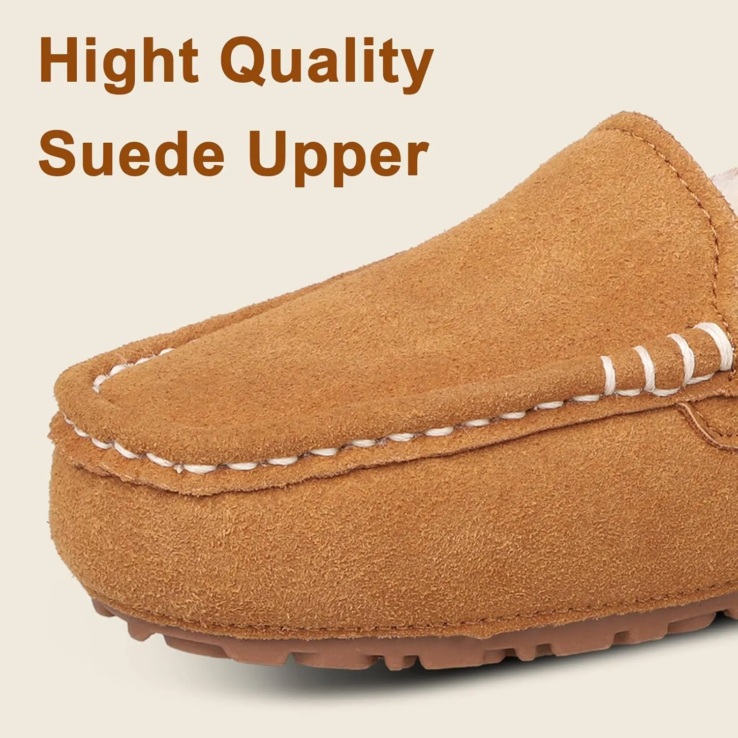 Womens Suede Leather Slippers Soft Faux Fur Lining Slippers for Women Indoor and Outdoor Non-Slip Comfortable and Warm