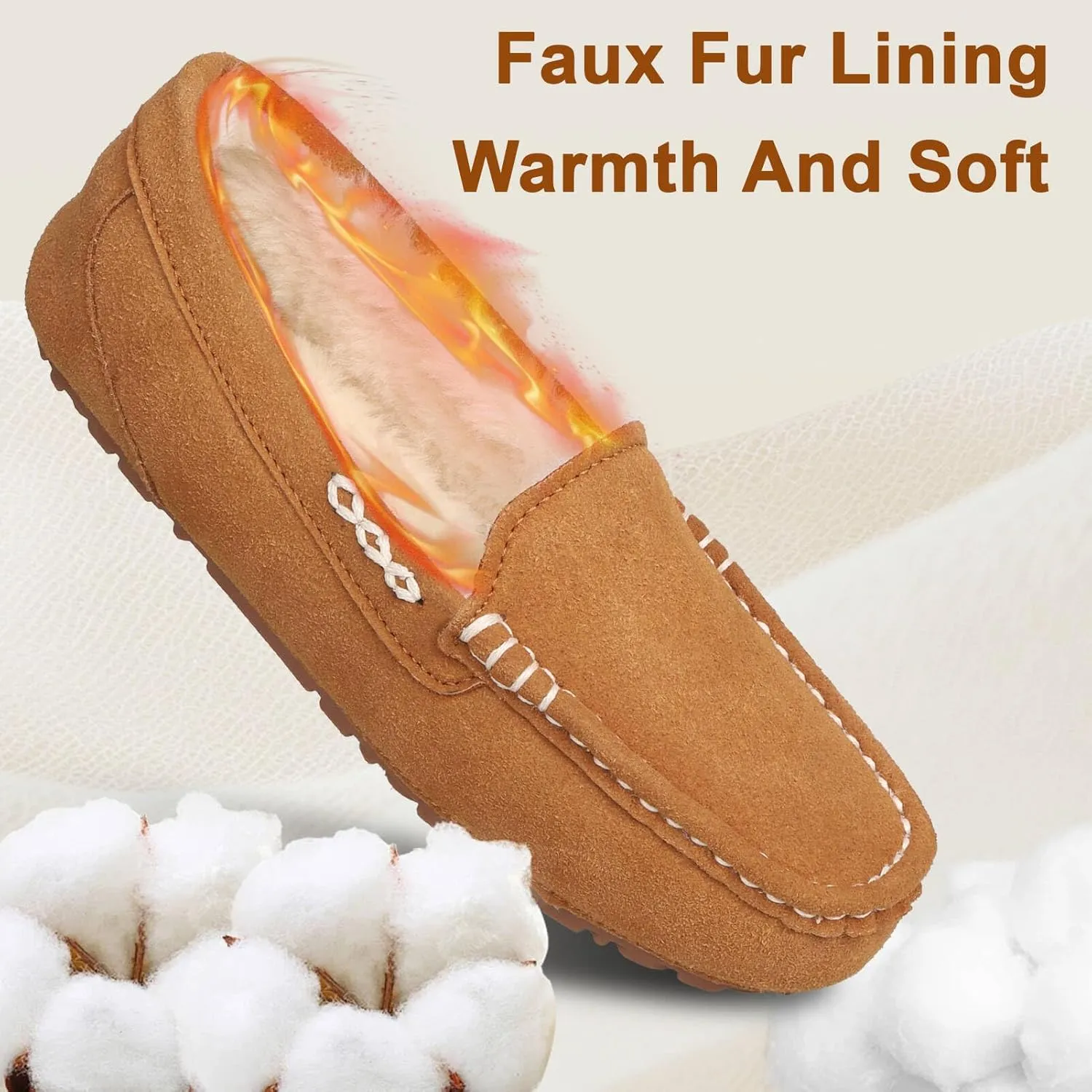 Womens Suede Leather Slippers Soft Faux Fur Lining Slippers for Women Indoor and Outdoor Non-Slip Comfortable and Warm
