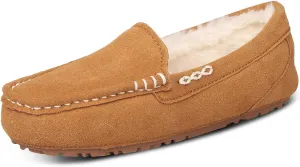 Womens Suede Leather Slippers Soft Faux Fur Lining Slippers for Women Indoor and Outdoor Non-Slip Comfortable and Warm