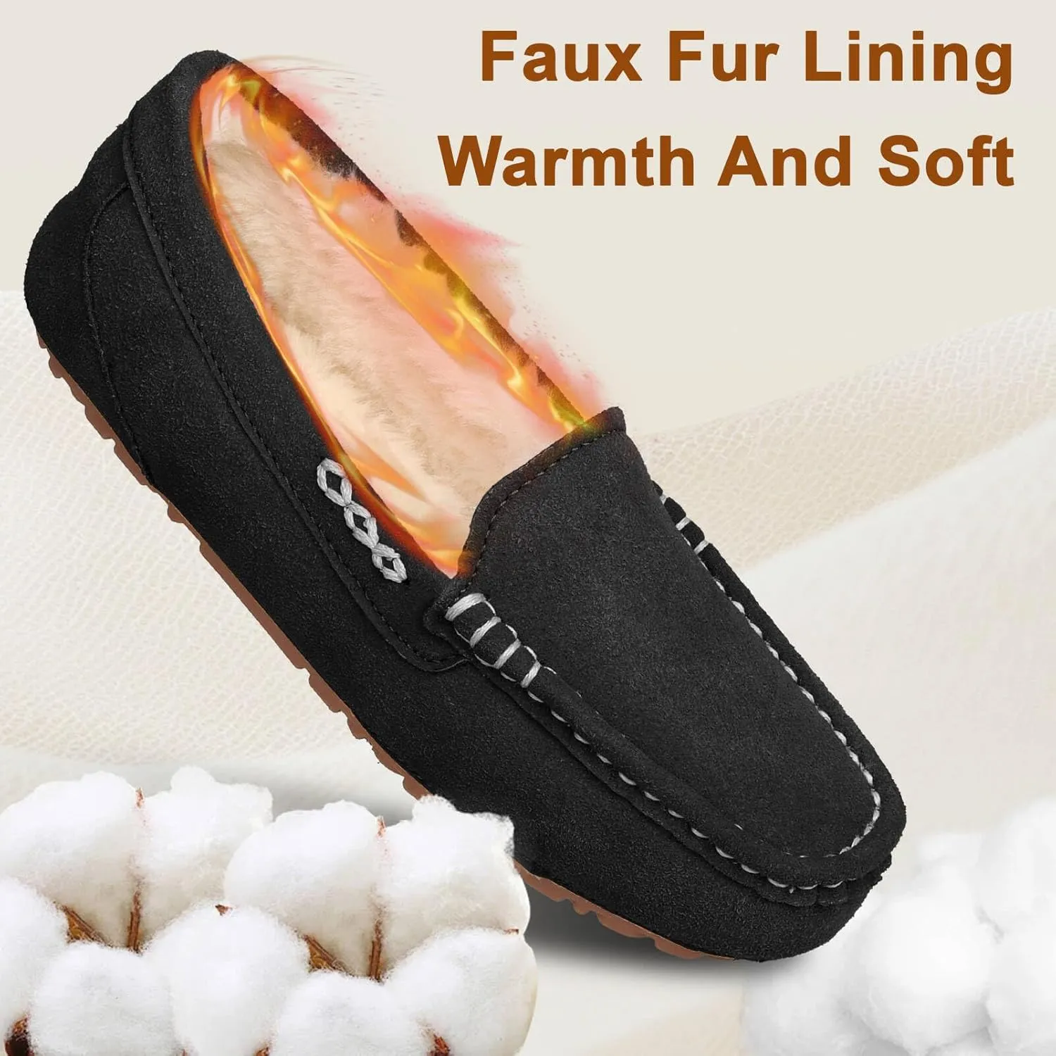 Womens Suede Leather Slippers Soft Faux Fur Lining Slippers for Women Indoor and Outdoor Non-Slip Comfortable and Warm