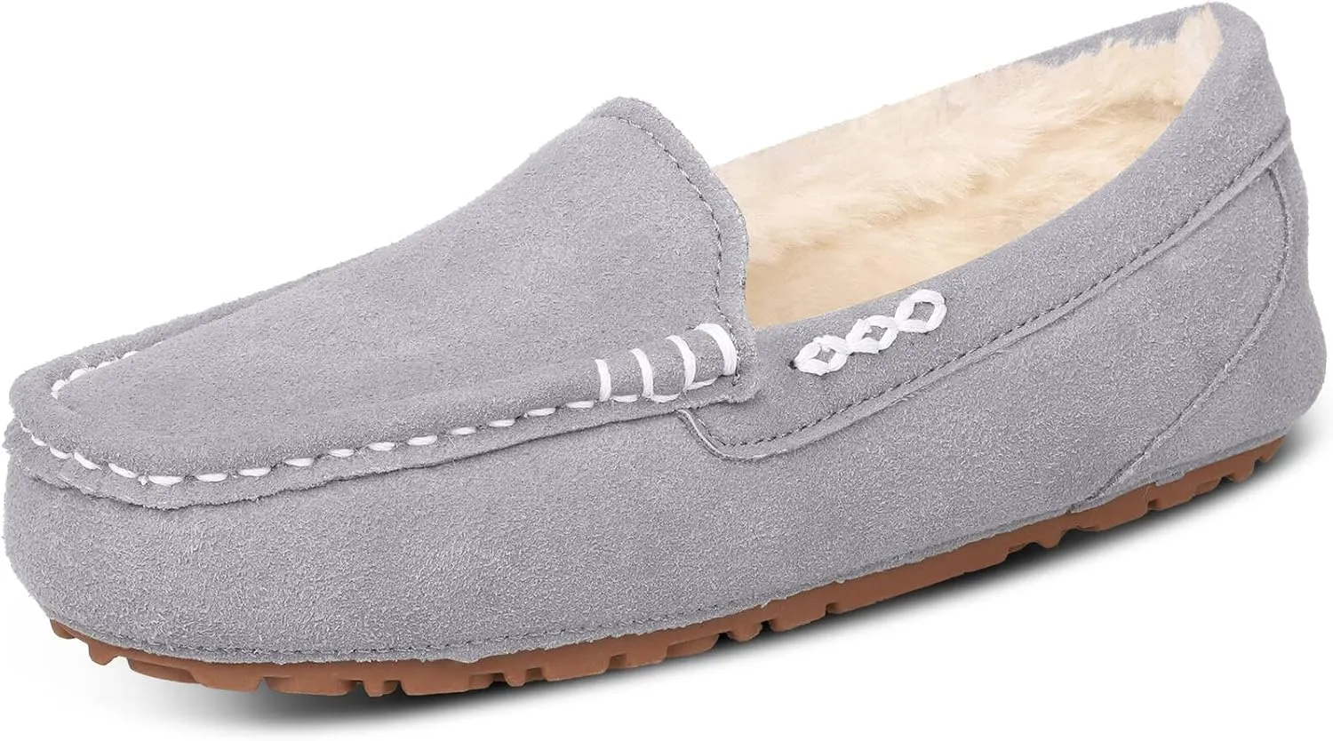 Womens Suede Leather Slippers Soft Faux Fur Lining Slippers for Women Indoor and Outdoor Non-Slip Comfortable and Warm