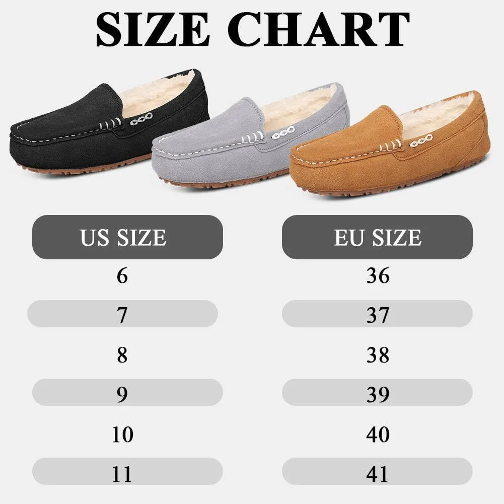 Womens Suede Leather Slippers Soft Faux Fur Lining Slippers for Women Indoor and Outdoor Non-Slip Comfortable and Warm