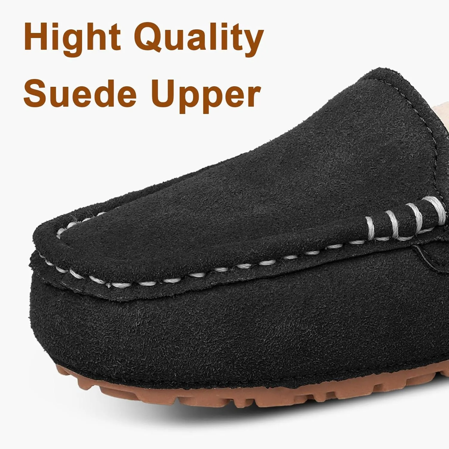 Womens Suede Leather Slippers Soft Faux Fur Lining Slippers for Women Indoor and Outdoor Non-Slip Comfortable and Warm