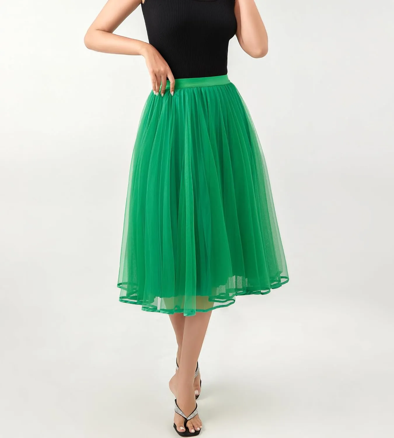 Women's Tulle Satin Pleated Midi Skirt Elastic Waist Knee Length Tutu Party Skirt