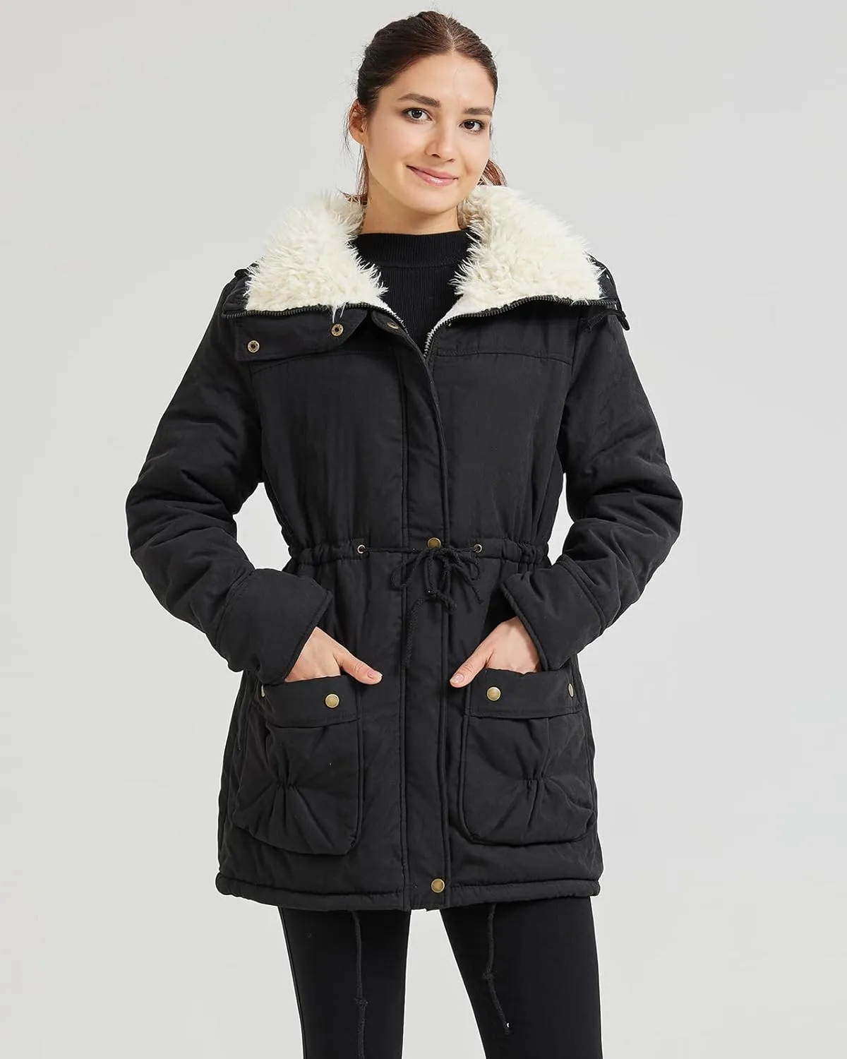 Women's Winter Mid Length Thick Warm Faux Lamb Wool Lined Jacket Coat