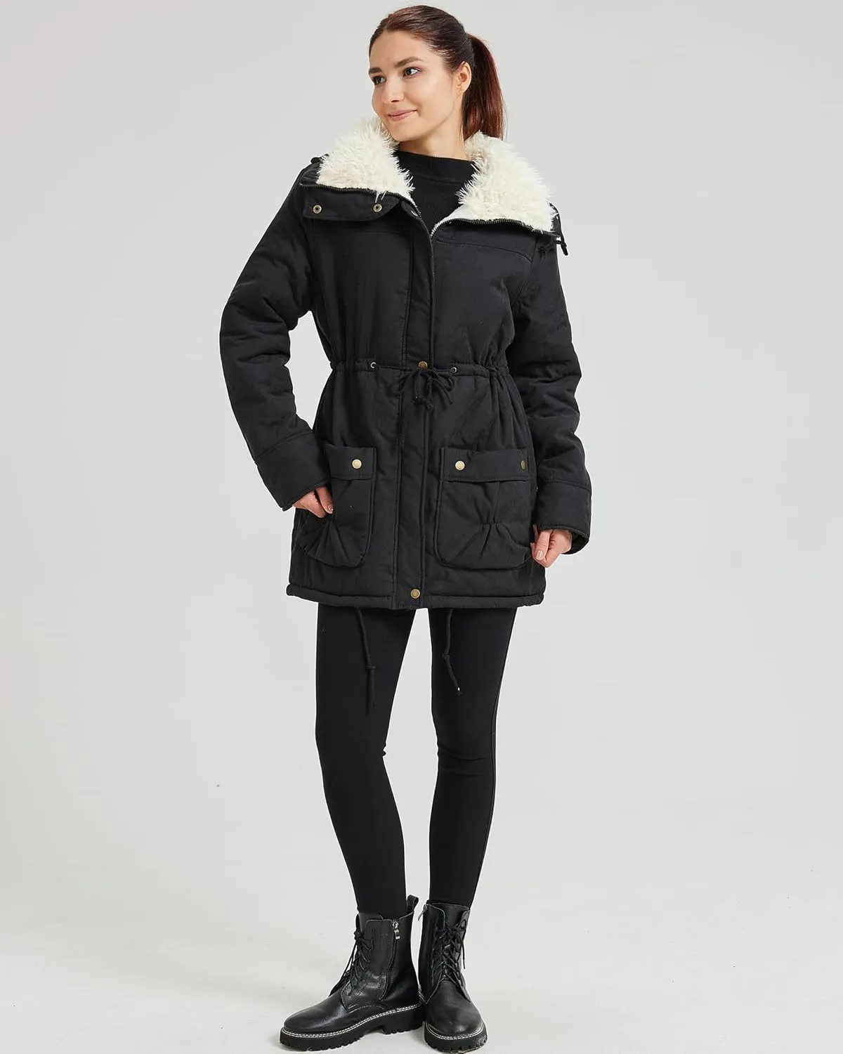 Women's Winter Mid Length Thick Warm Faux Lamb Wool Lined Jacket Coat