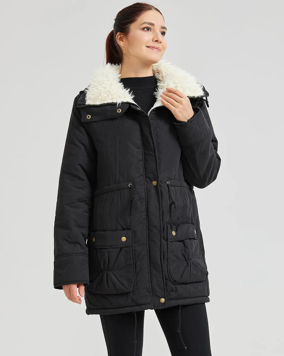 Women's Winter Mid Length Thick Warm Faux Lamb Wool Lined Jacket Coat