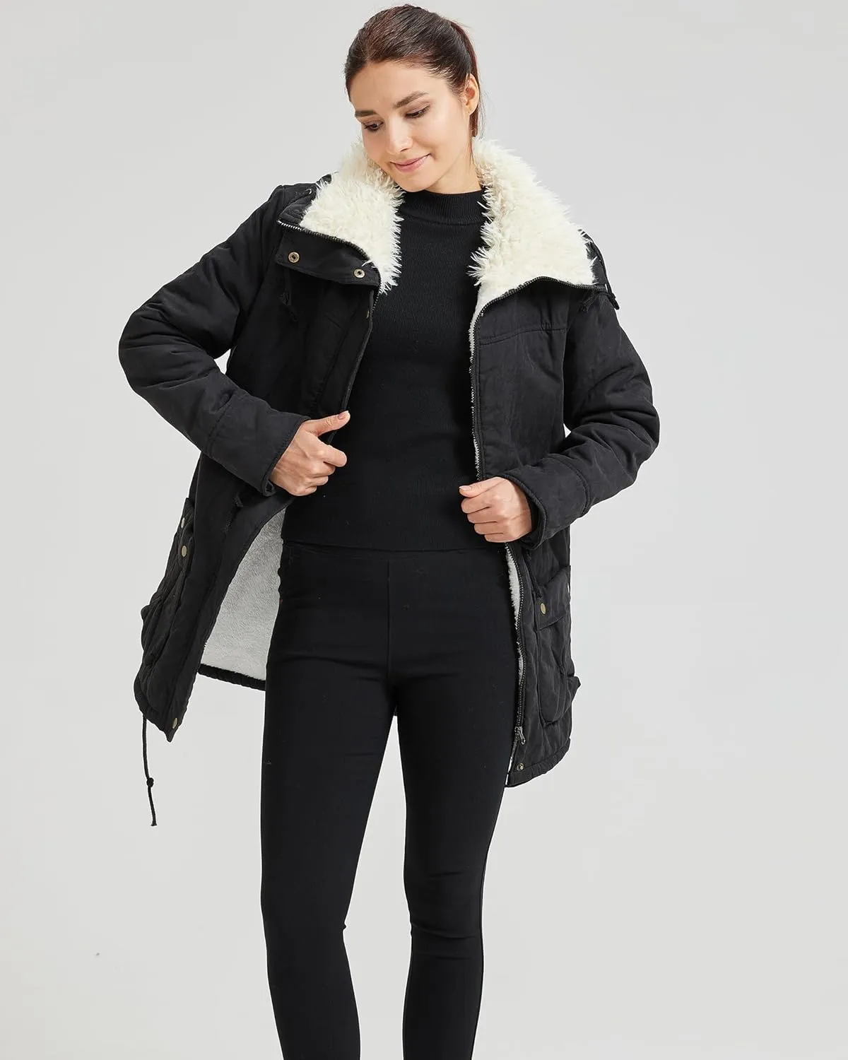 Women's Winter Mid Length Thick Warm Faux Lamb Wool Lined Jacket Coat