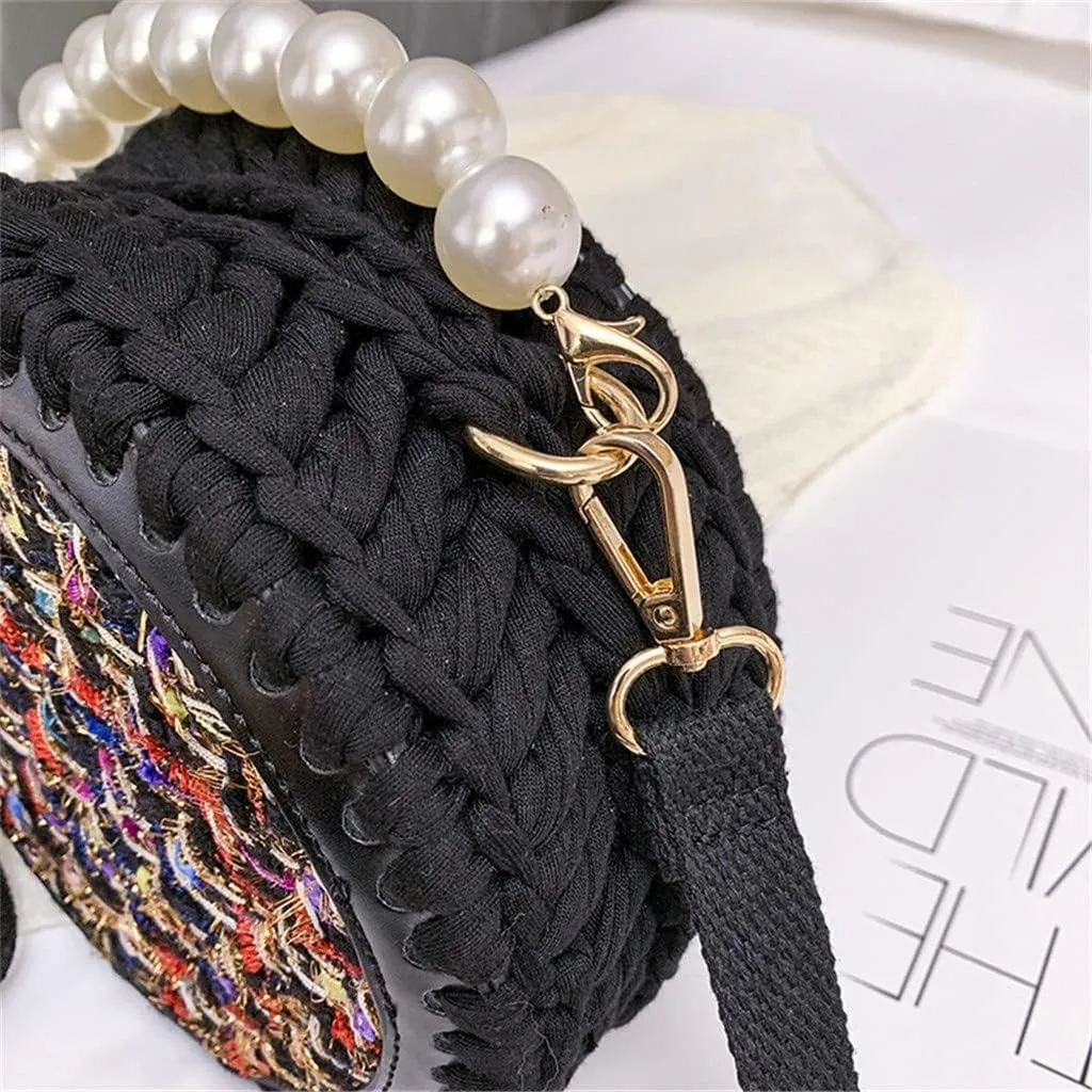 Woven Bag Set Wool Bag Bottoms Handmade Handbag Shoulder Strap with Hardware Pearl Accessories for DIY Bag Backpack(Black)