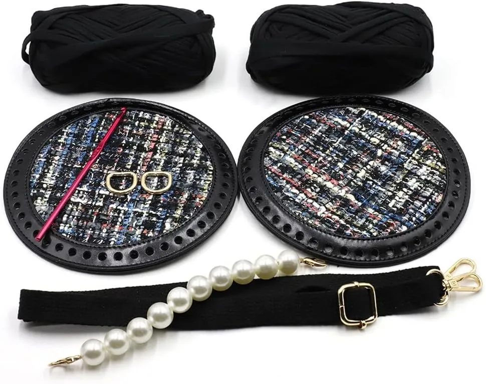 Woven Bag Set Wool Bag Bottoms Handmade Handbag Shoulder Strap with Hardware Pearl Accessories for DIY Bag Backpack(Black)