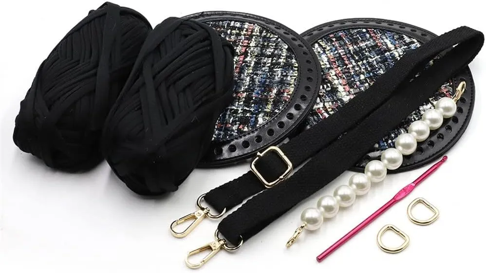 Woven Bag Set Wool Bag Bottoms Handmade Handbag Shoulder Strap with Hardware Pearl Accessories for DIY Bag Backpack(Black)