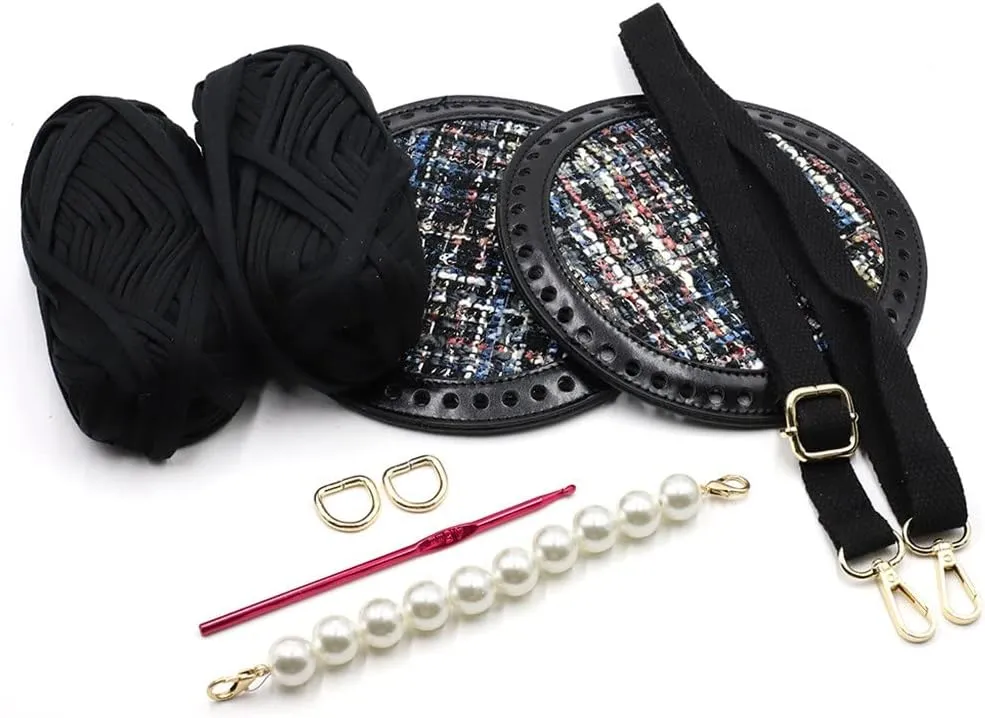 Woven Bag Set Wool Bag Bottoms Handmade Handbag Shoulder Strap with Hardware Pearl Accessories for DIY Bag Backpack(Black)