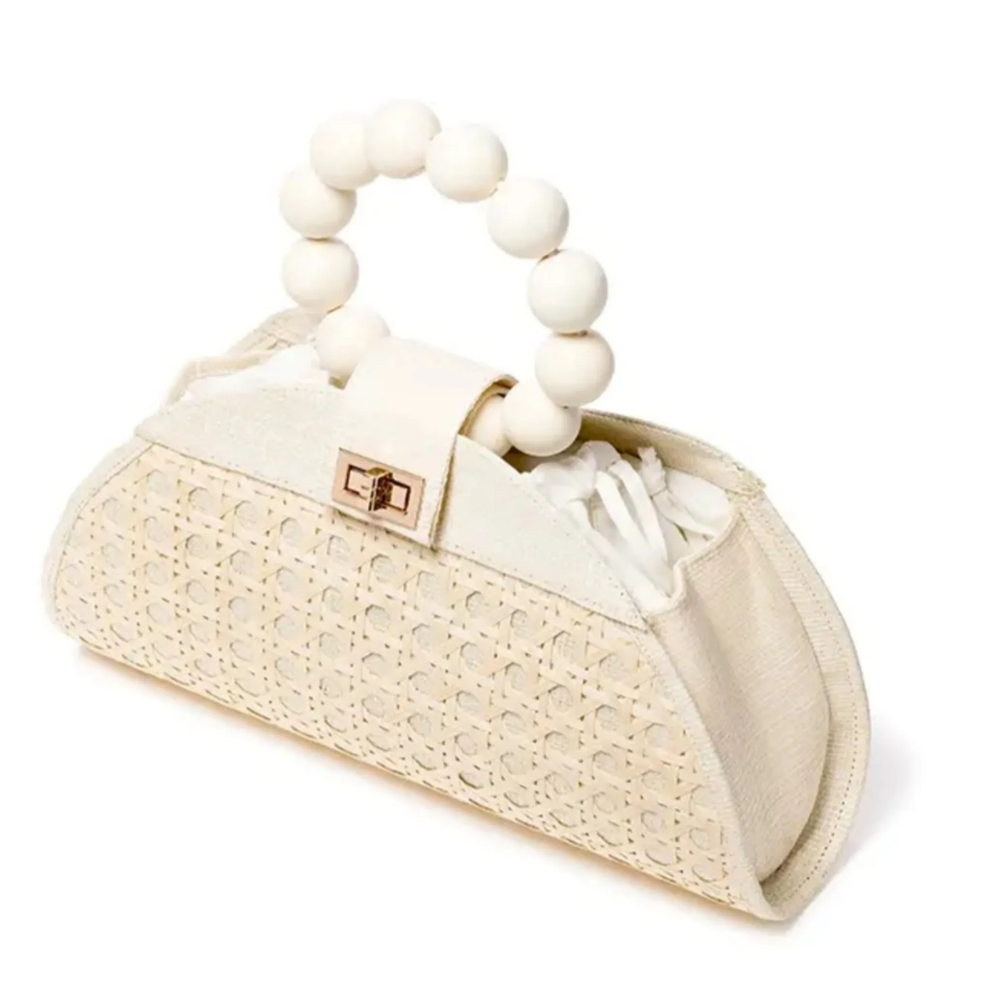 Woven Cream Rattan & Bead Statement Handbag Handbag