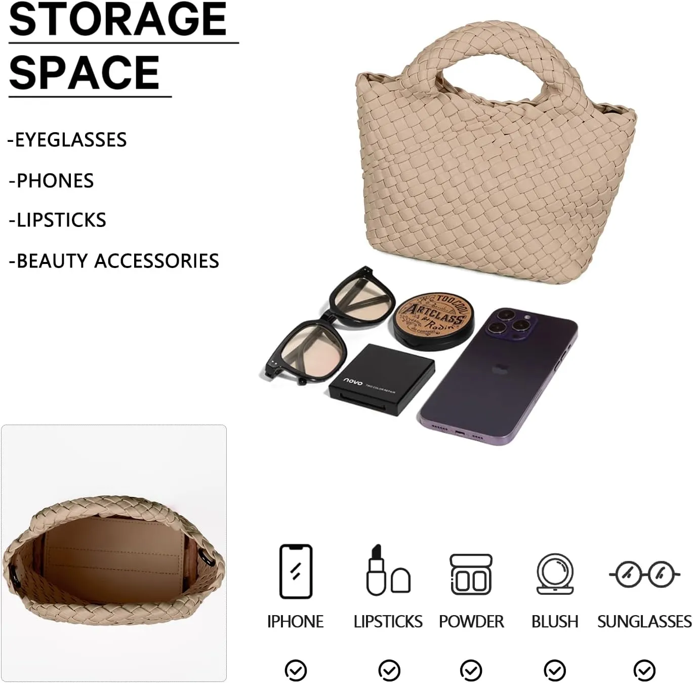 Woven Purses Bag for Women, Vegan Leather Handwoven Bags with Mini Handmade Purse, SMALL Travel Beach Top Handle Handbags