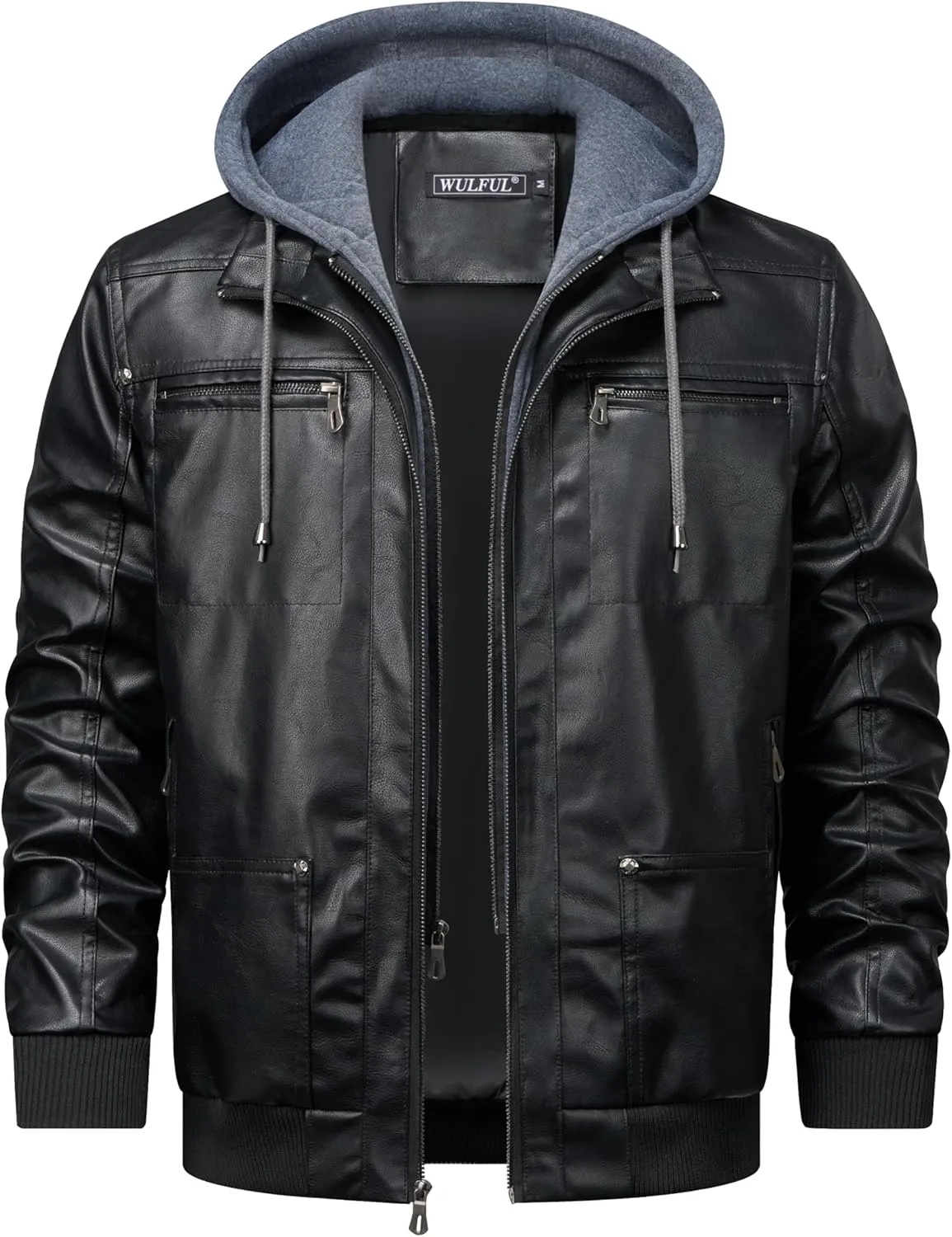 WULFUL Men's Leather Jackets, Faux Leather Jacket for Men Lapel Zip-Up Slim Fit Coat