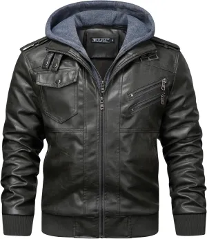 WULFUL Men's Leather Jackets, Faux Leather Jacket for Men Lapel Zip-Up Slim Fit Coat