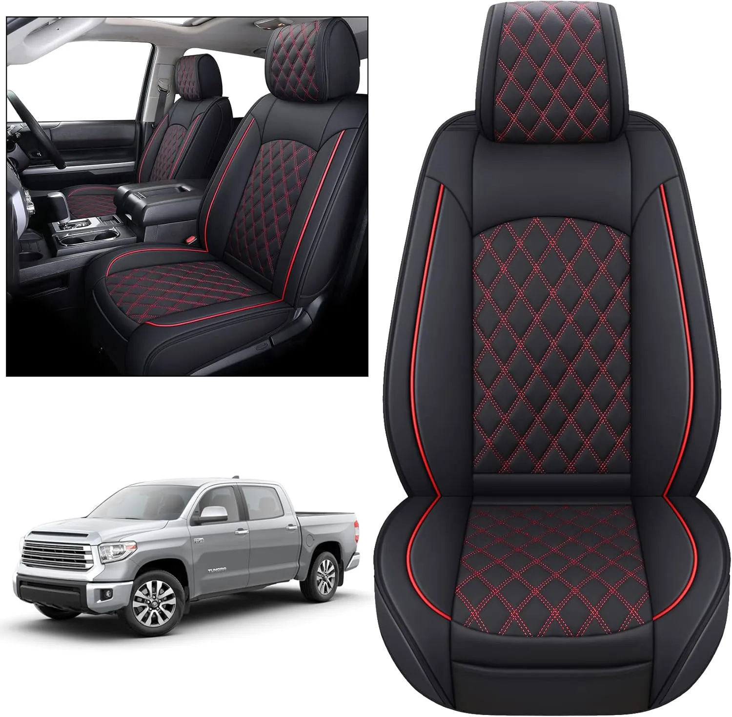 YIERTAI Truck Seat Covers for Toyota Tundra 2008-2023 2024 2025 Crewmax Double Cab Limited Platinum 1794 Edition Tundrasine Concept Waterproof Leather(2 PCS Front only/Black-Red)