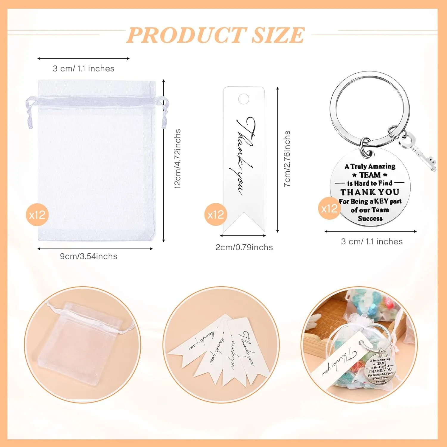 Yinkin 36 Pcs Employee Appreciation Gifts Thank You Coworker Keychain Gifts with Organza Bags and Thank You Cards (White)