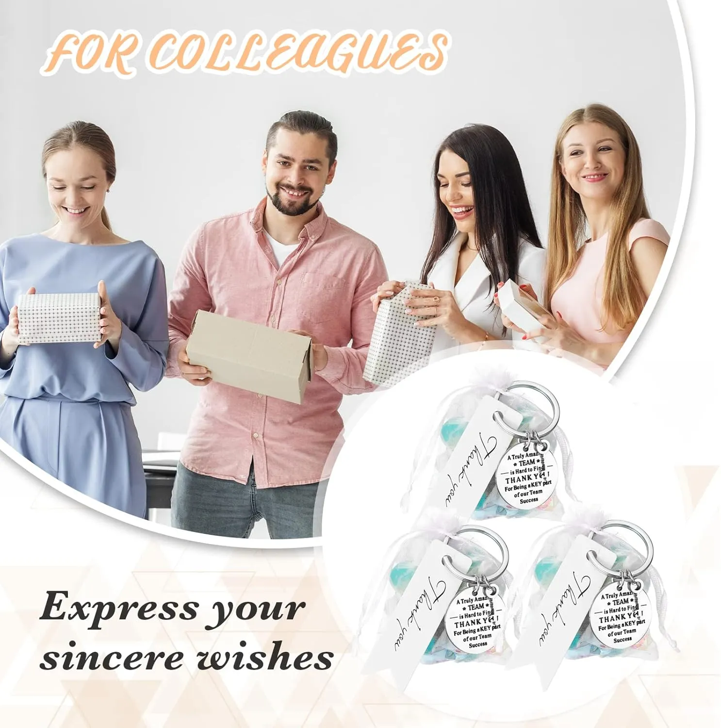 Yinkin 36 Pcs Employee Appreciation Gifts Thank You Coworker Keychain Gifts with Organza Bags and Thank You Cards (White)