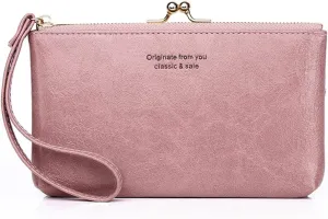Yohora Wristlet Clutch Slim Leather Wallet Kiss Lock Handbag with Cellphone Pocket Retro Lightweight Pure Mini Coin Pouch