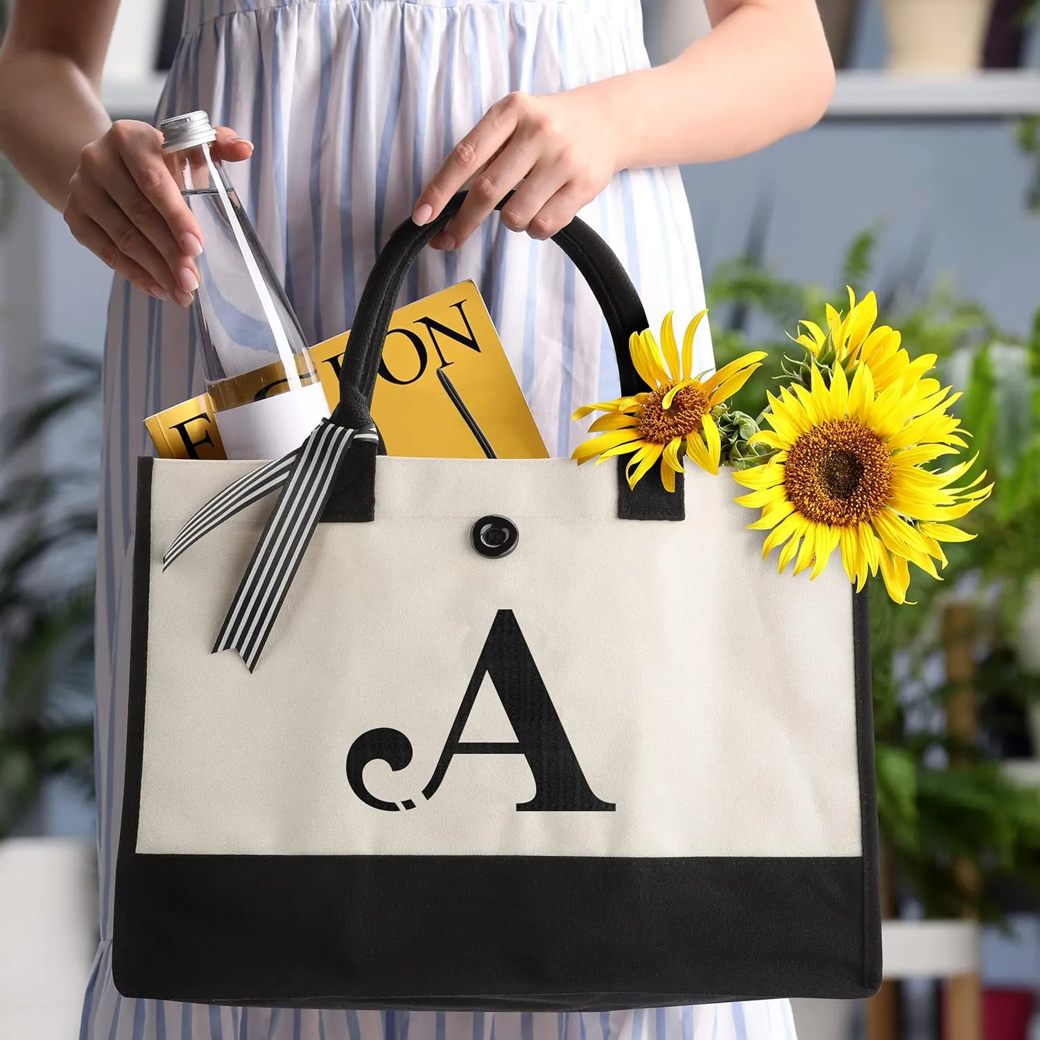 YOOFAN Initial Canvas Tote Bag - Personalized Monogrammed Gift Tote Bag for Wedding, Birthday, Beach, Holiday - Gift for Women, Mom, Teachers, Friends, Bridesmaids (A)