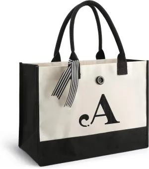 YOOFAN Initial Canvas Tote Bag - Personalized Monogrammed Gift Tote Bag for Wedding, Birthday, Beach, Holiday - Gift for Women, Mom, Teachers, Friends, Bridesmaids (A)