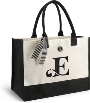 YOOFAN Initial Canvas Tote Bag - Personalized Monogrammed Gift Tote Bag for Wedding, Birthday, Beach, Holiday - Gift for Women, Mom, Teachers, Friends, Bridesmaids (E)