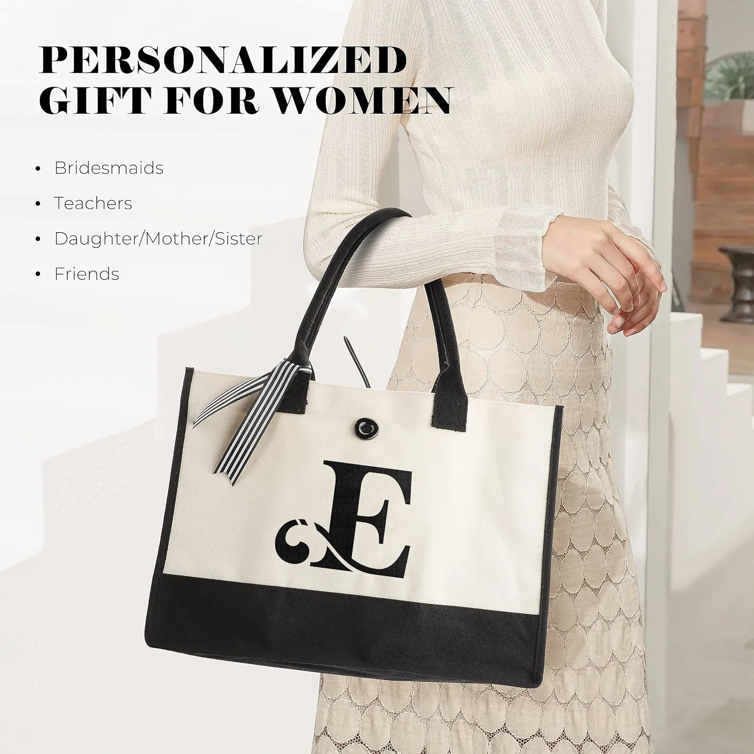 YOOFAN Initial Canvas Tote Bag - Personalized Monogrammed Gift Tote Bag for Wedding, Birthday, Beach, Holiday - Gift for Women, Mom, Teachers, Friends, Bridesmaids (E)