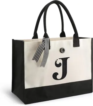 YOOFAN Initial Canvas Tote Bag - Personalized Monogrammed Gift Tote Bag for Wedding, Birthday, Beach, Holiday - Gift for Women, Mom, Teachers, Friends, Bridesmaids (J)