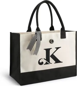 YOOFAN Initial Canvas Tote Bag - Personalized Monogrammed Gift Tote Bag for Wedding, Birthday, Beach, Holiday - Gift for Women, Mom, Teachers, Friends, Bridesmaids (K)